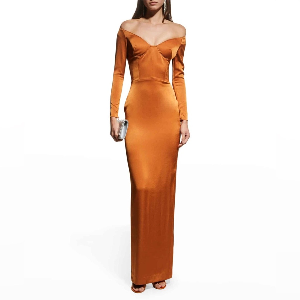 NWT ALEX PERRY Merrit Off-The-Shoulder Bustier Satin Gown